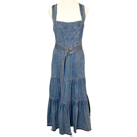 Free People Rare Sierra Madre Denim Tiered Overall/Skirtall Maxi Dress Sz 6 - Picture 5 of 13